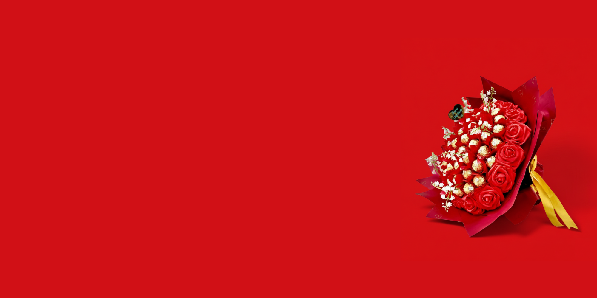 Bouquet of red roses with white berries on a red background