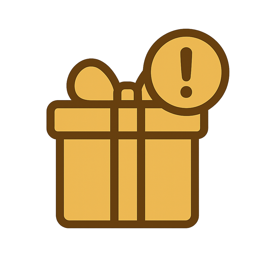 Gift box icon with an exclamation mark on a white background