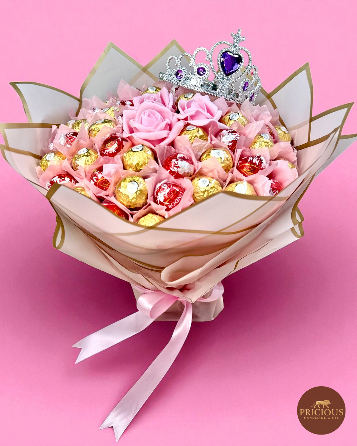 Princess tiara pink roses chocolate gift bouquet – Ferrero & Lindor mix