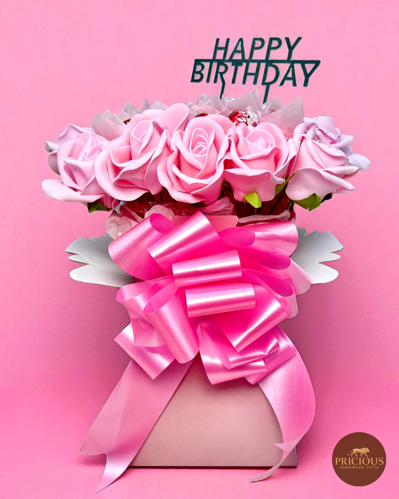 Lindt Lindor pink roses chocolate gift bouquet with Happy Birthday topper