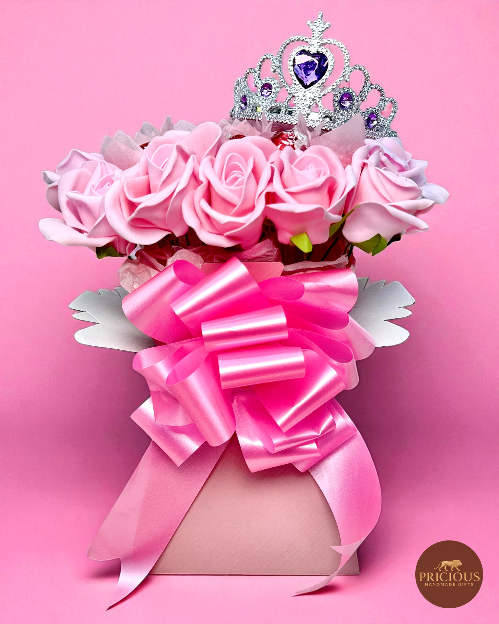Princess tiara pink roses & Lindt Lindor chocolate gift bouquet