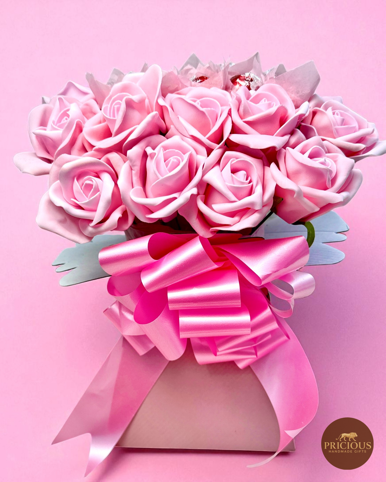 Blush pink rose chocolate bouquet box with Lindt Lindor truffles and ribbon