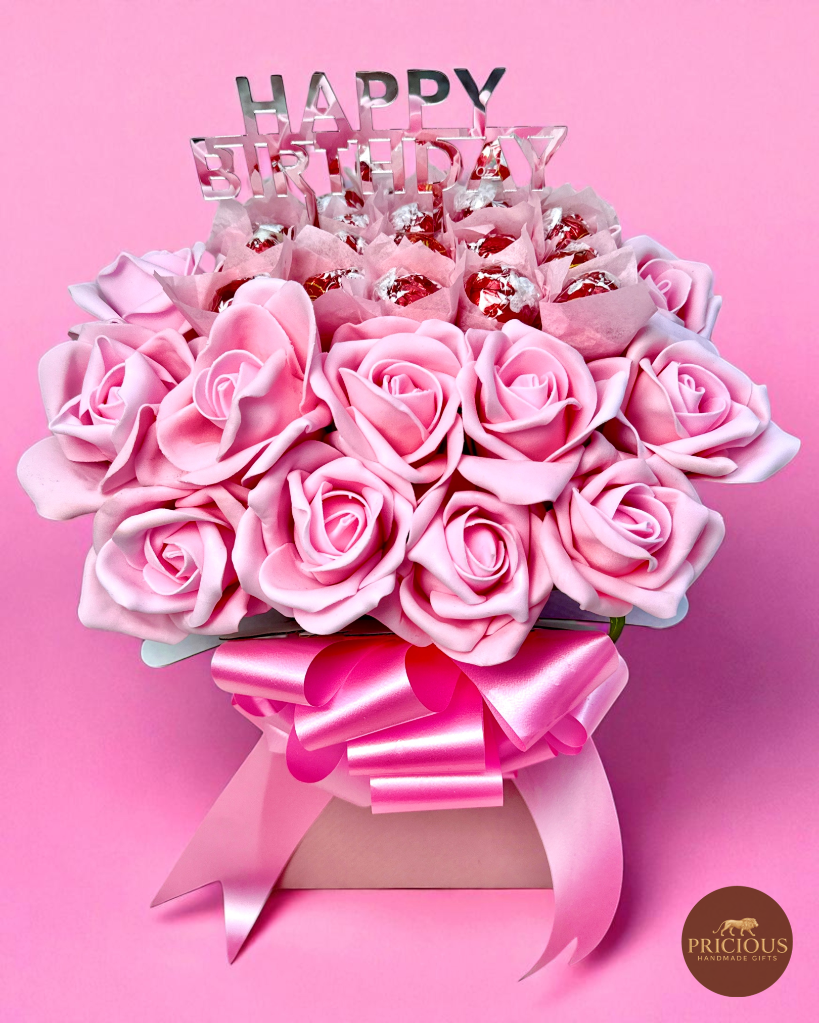 Pink rose hatbox with Lindt Lindor truffles and Happy Birthday topper