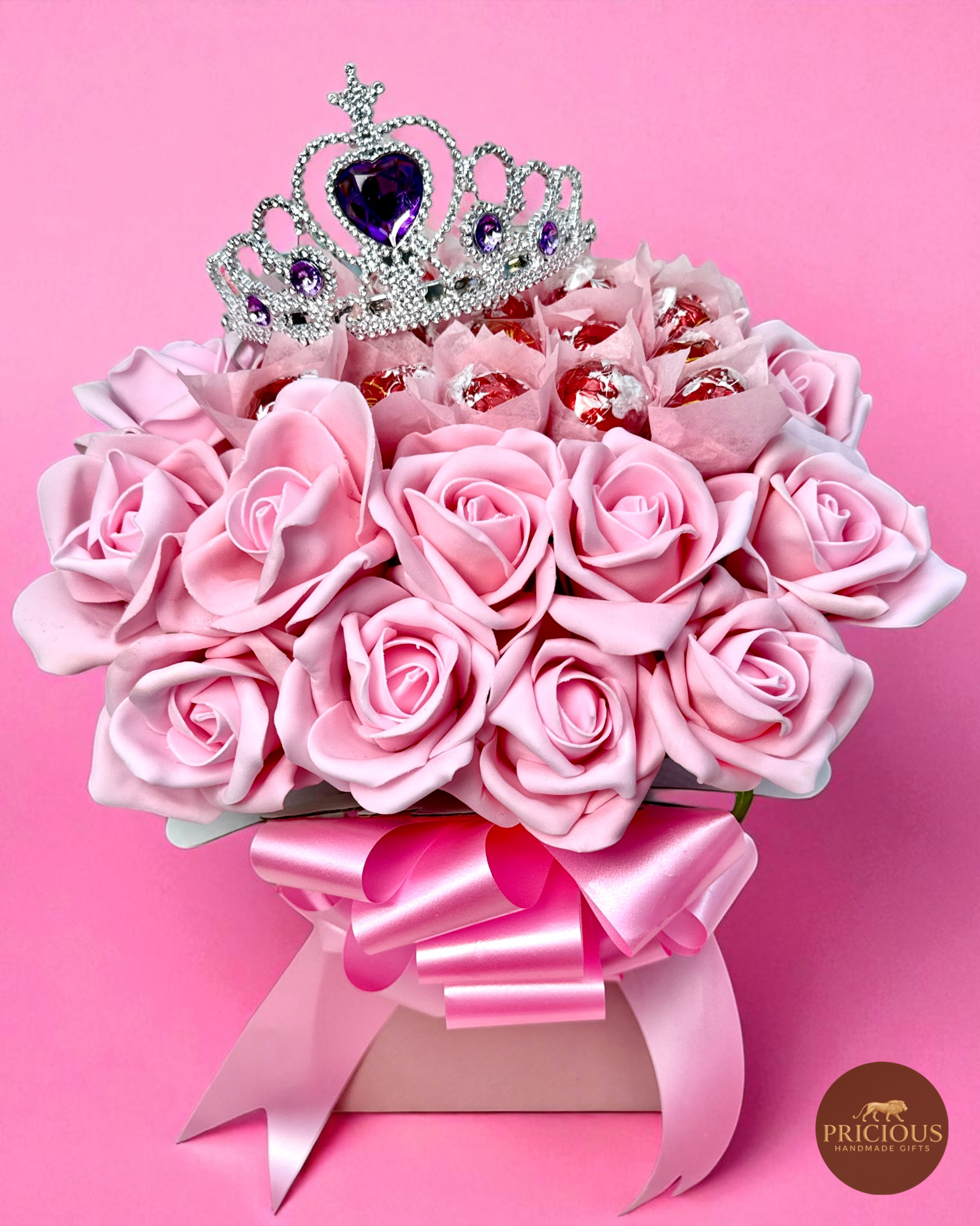 Front view pink rose & Lindor chocolate bouquet with tiara