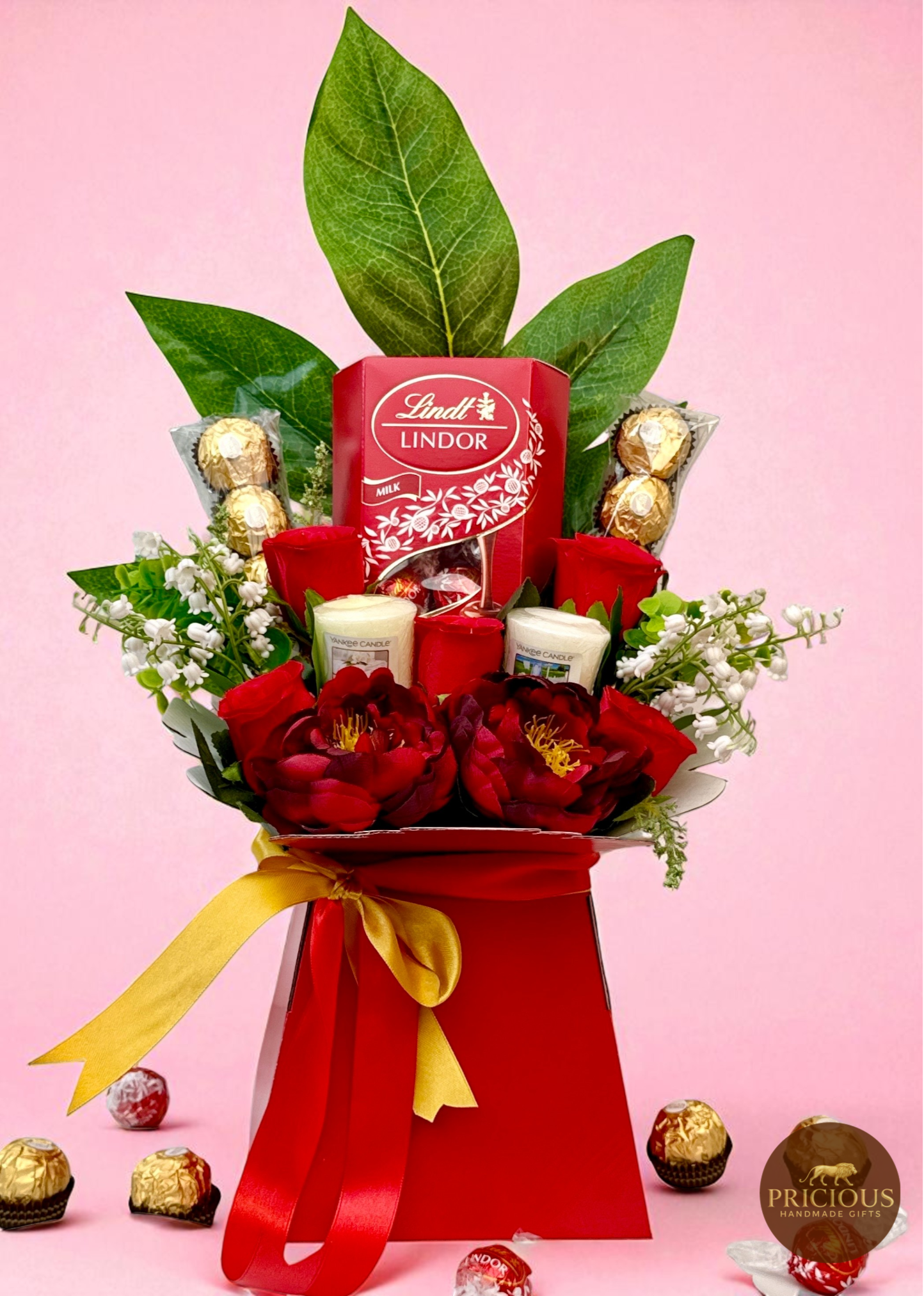 Lindt, Ferrero & Yankee Candle chocolate gift bouquet with red roses