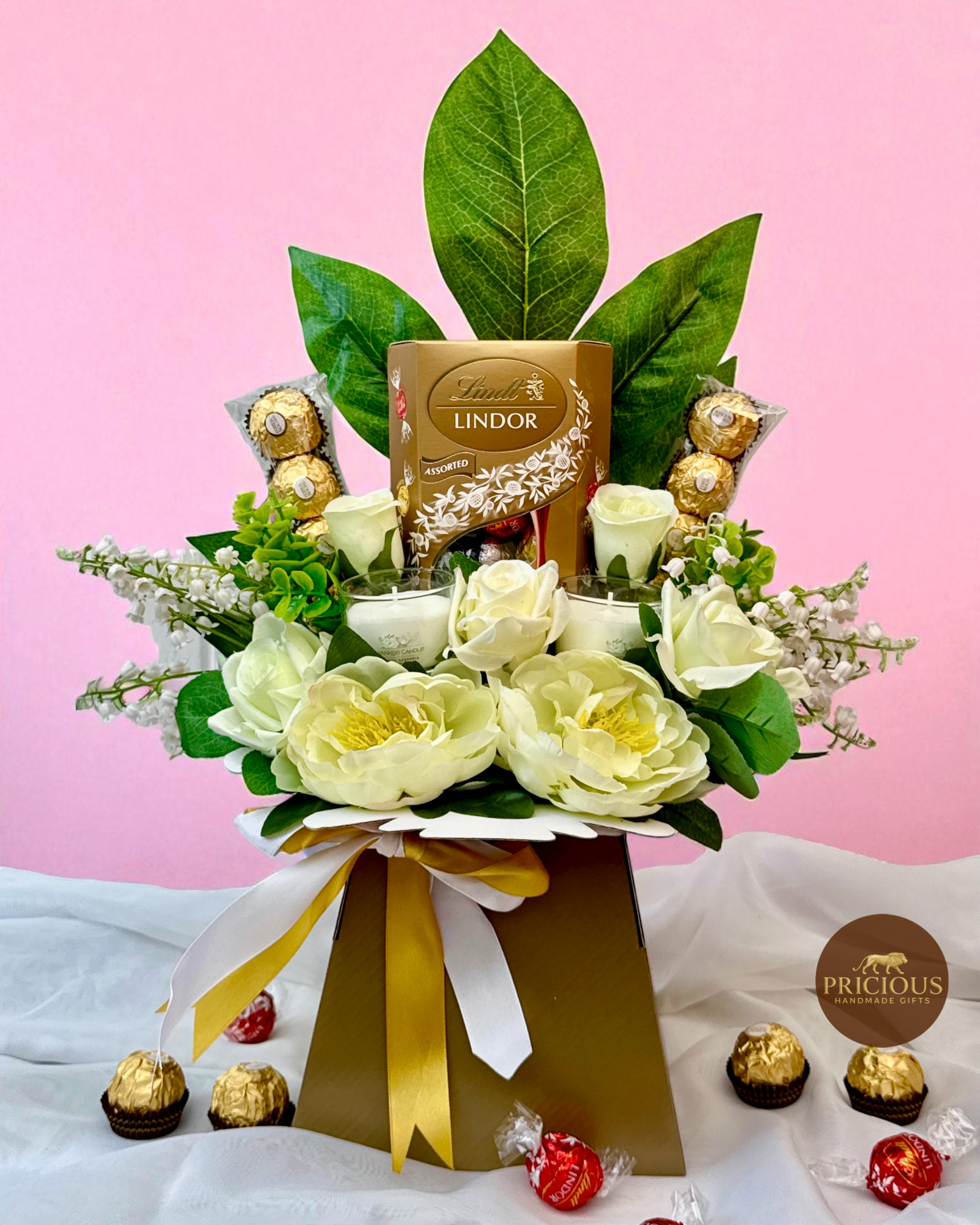 Lindt & Ferrero chocolate gift bouquet with Yankee Candle in White & Gold