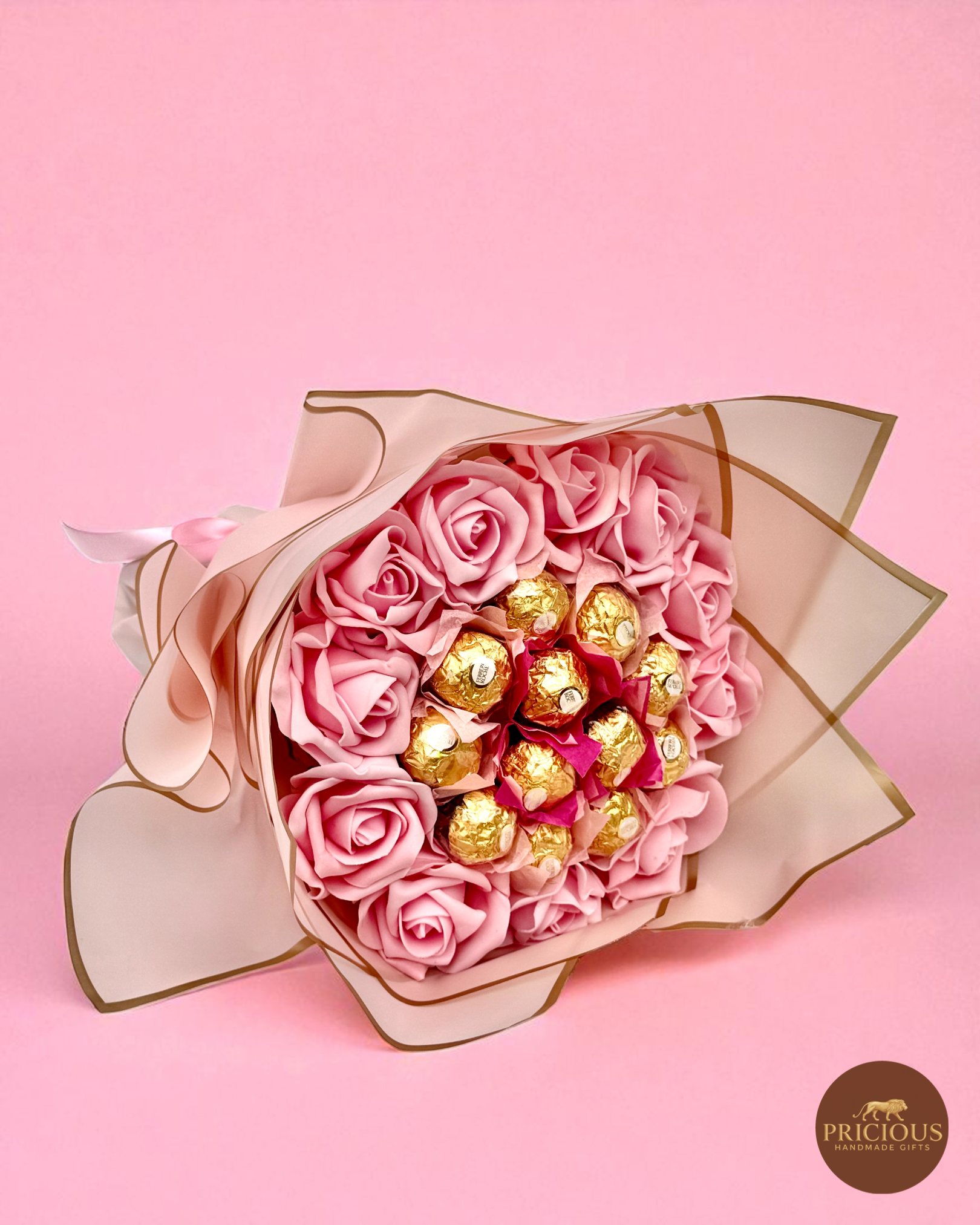 Ferrero Rocher blush pink rose chocolate bouquet with gold-edged wrap