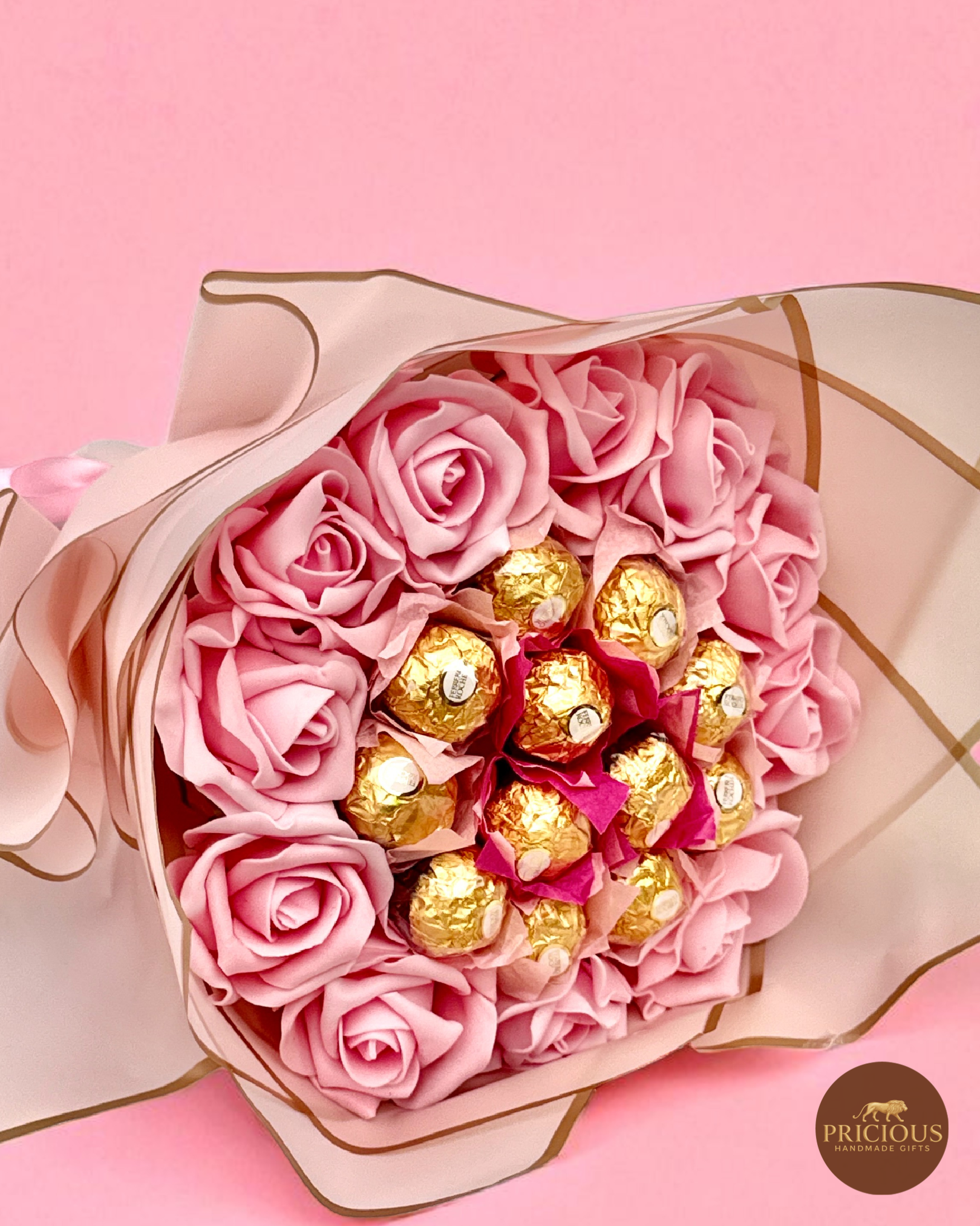 Close view luxury Ferrero Rocher bouquet in blush pink