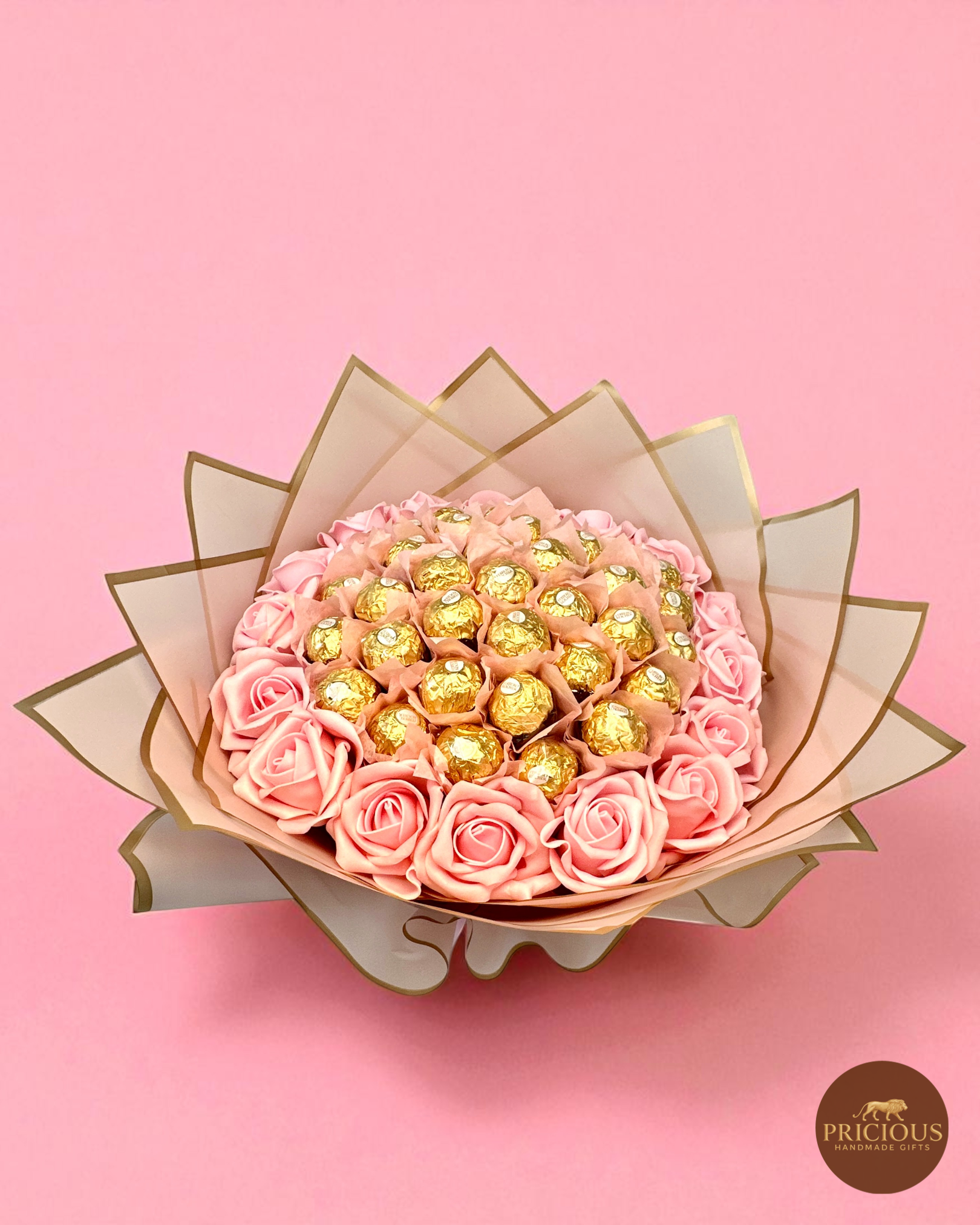 Luxury Ferrero Rocher rose gift bouquet in soft pink wrap