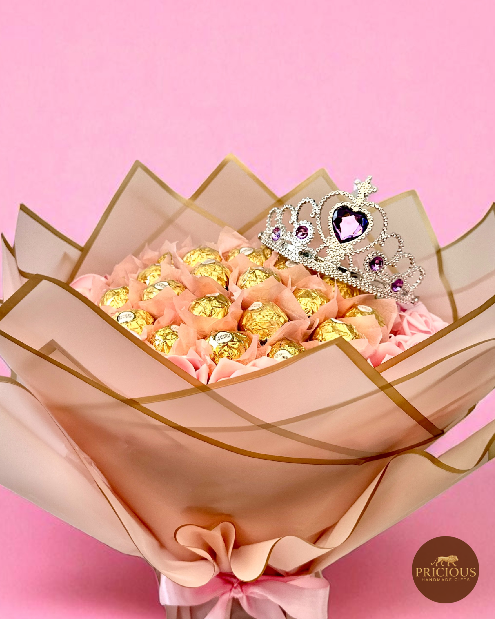 Side view blush pink Ferrero Rocher chocolate bouquet
