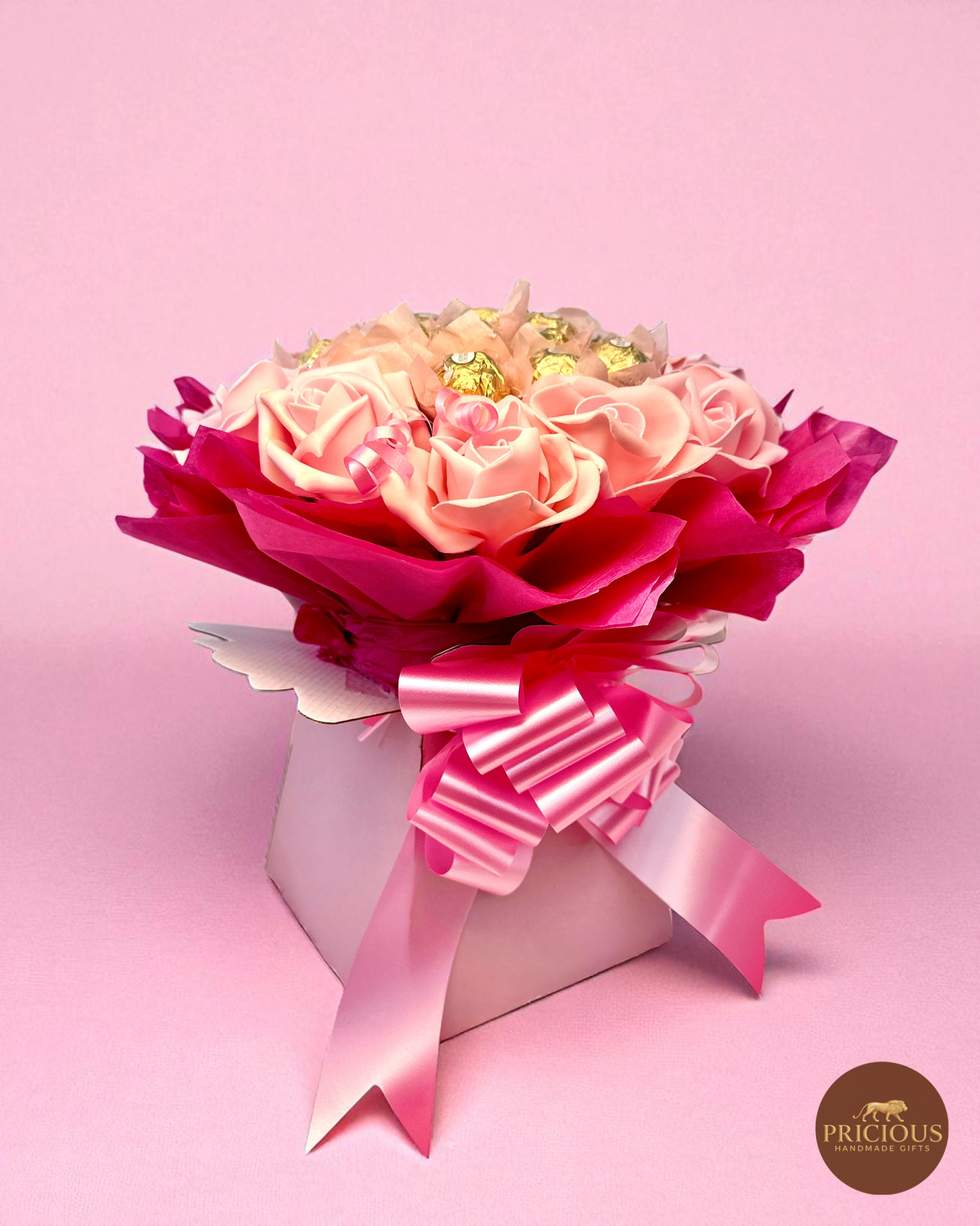 Ferrero Rocher pink rose chocolate gift bouquet in hot pink & blush
