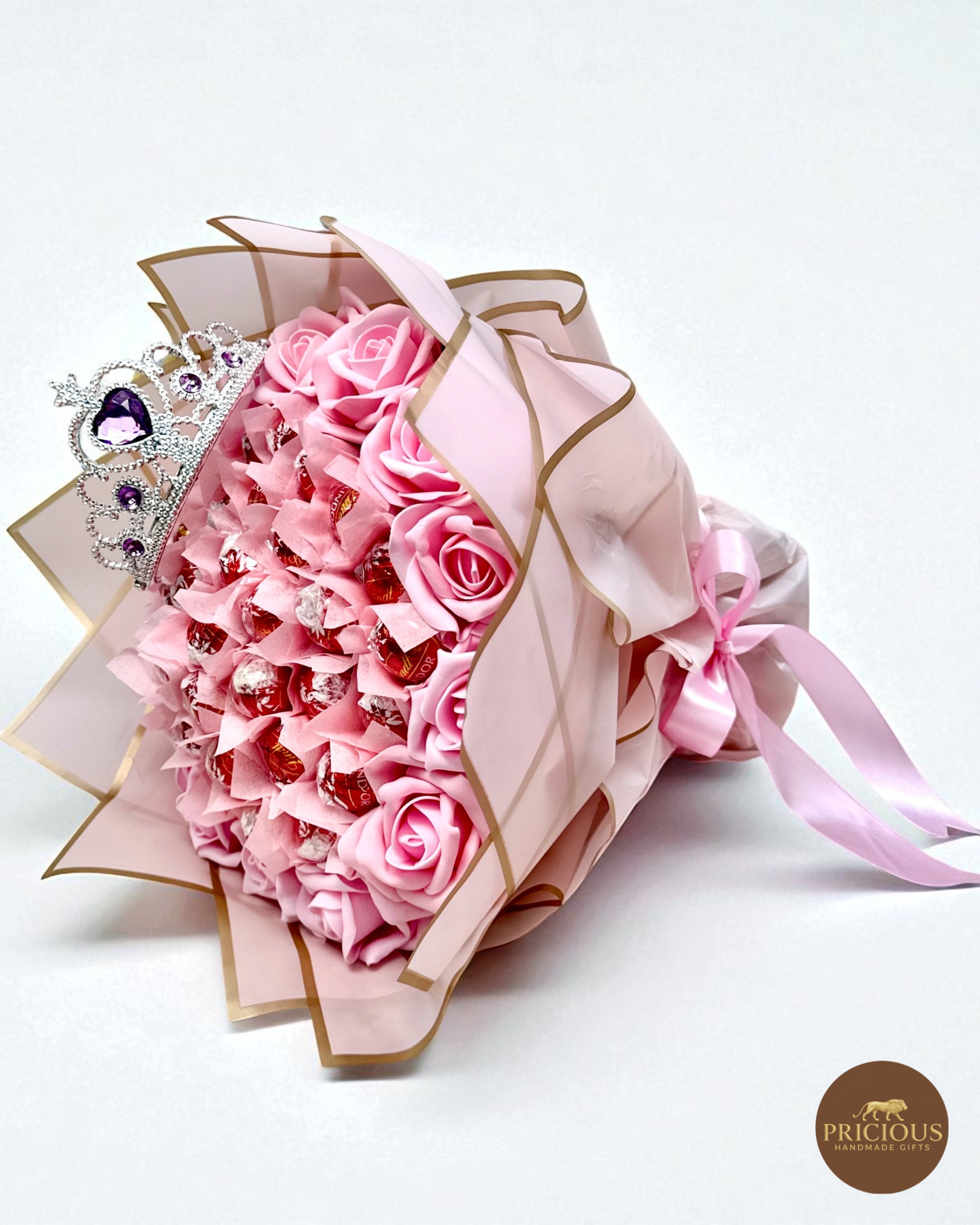 Lindt tiara rose chocolate gift bouquet in pink wrap