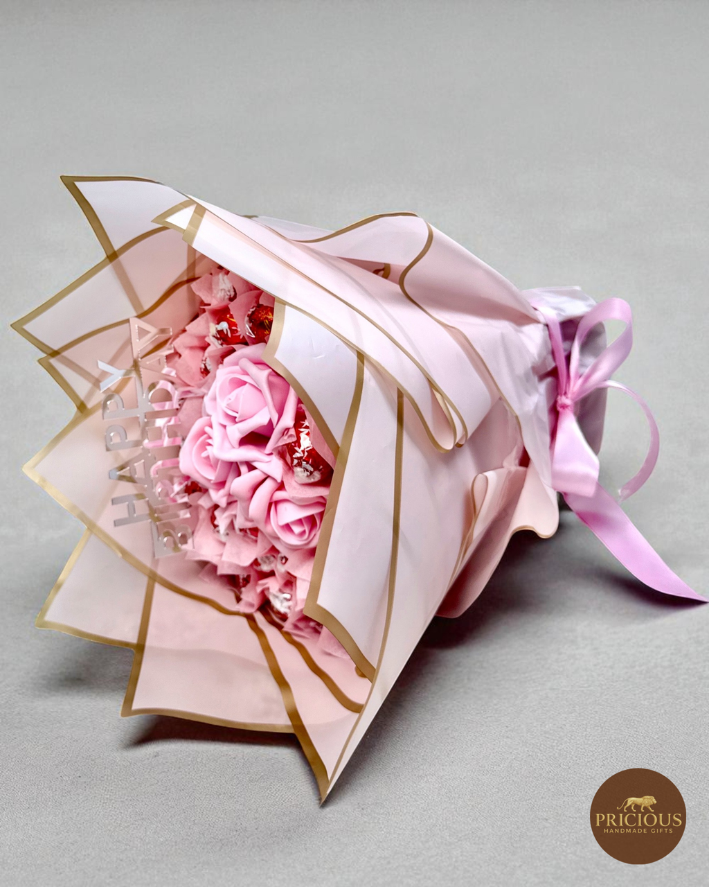 Lindor Happy Birthday roses chocolate bouquet in pink & gold