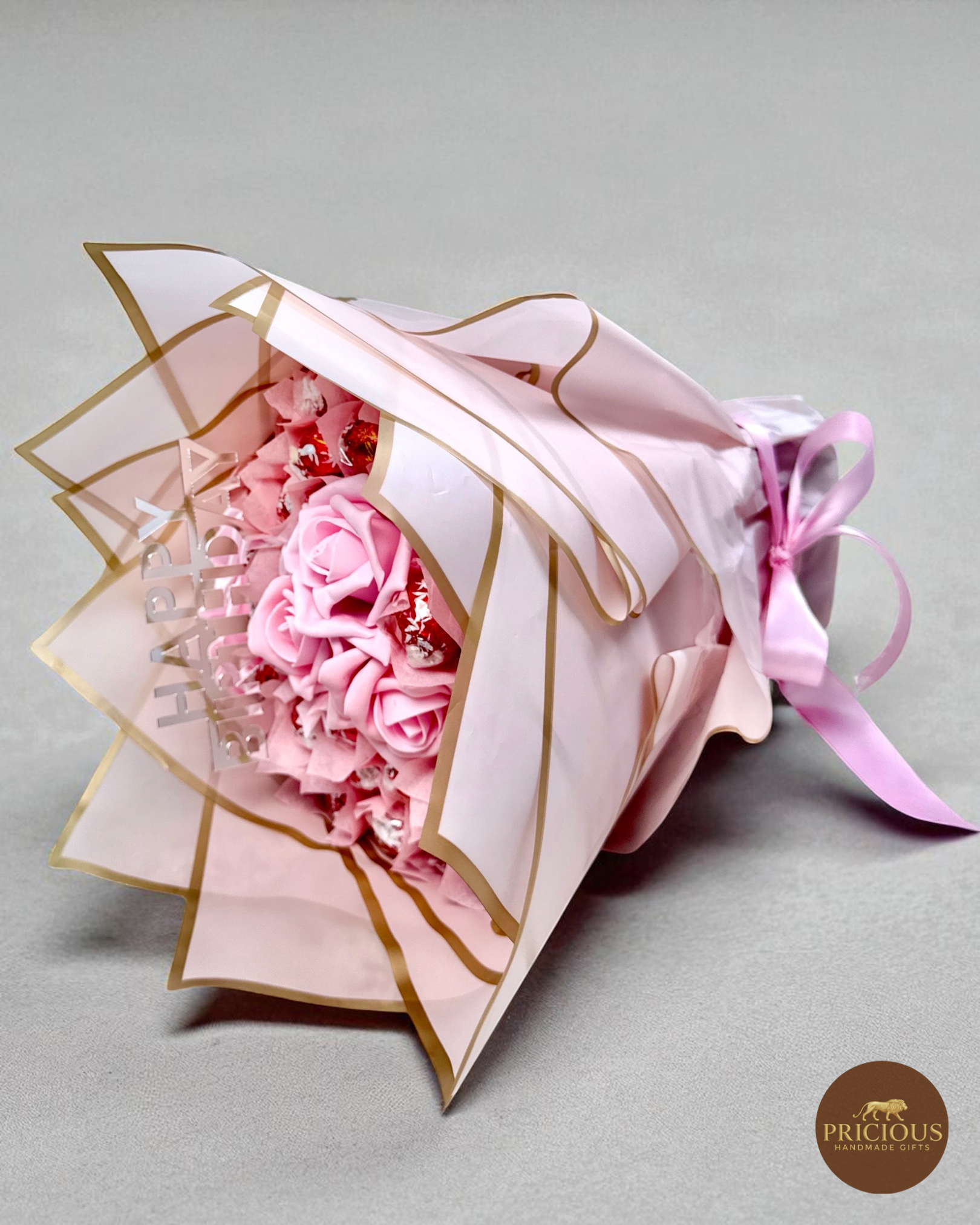 Lindor Happy Birthday roses chocolate bouquet in pink & gold