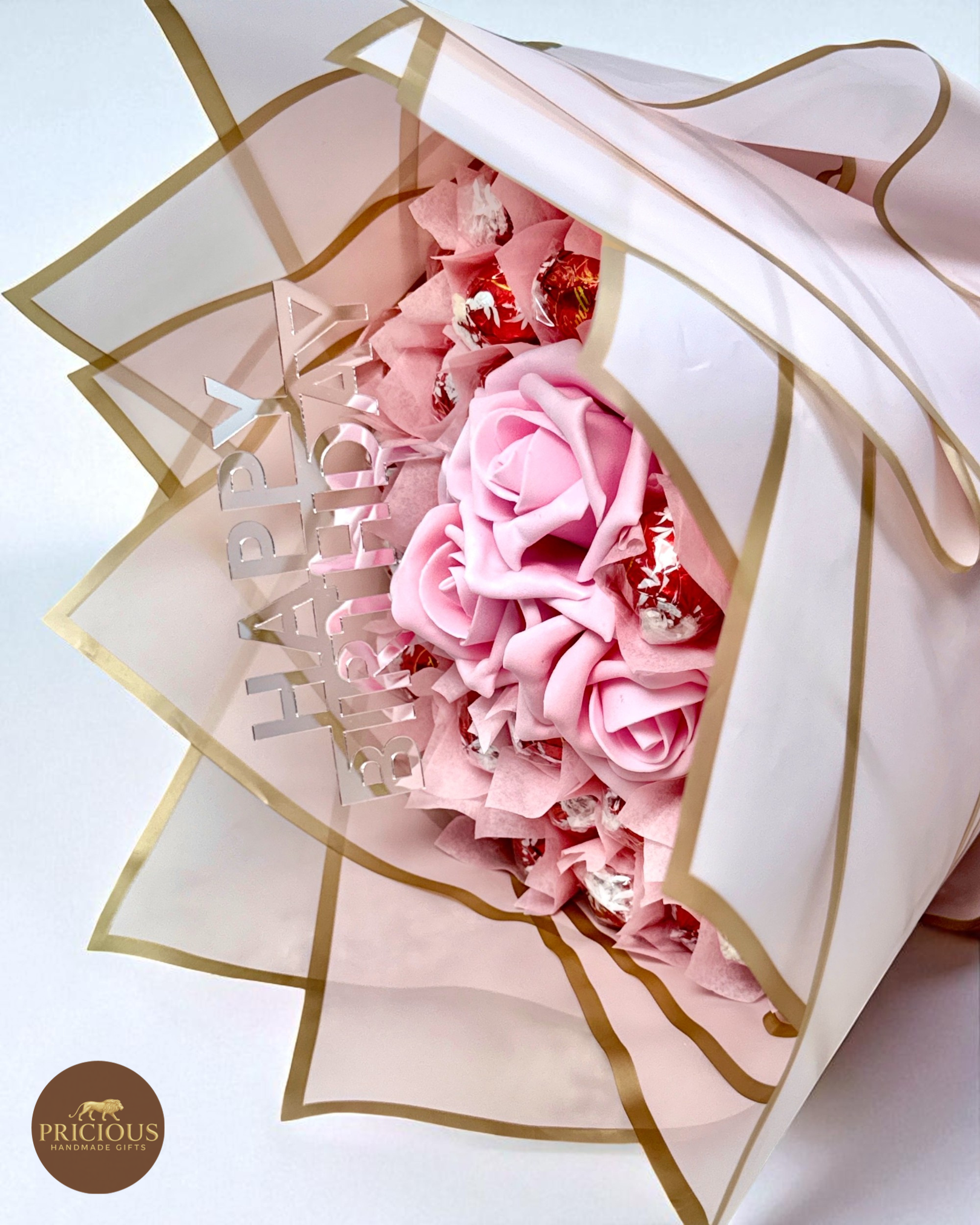 Side view pink & gold Lindt Lindor chocolate bouquet