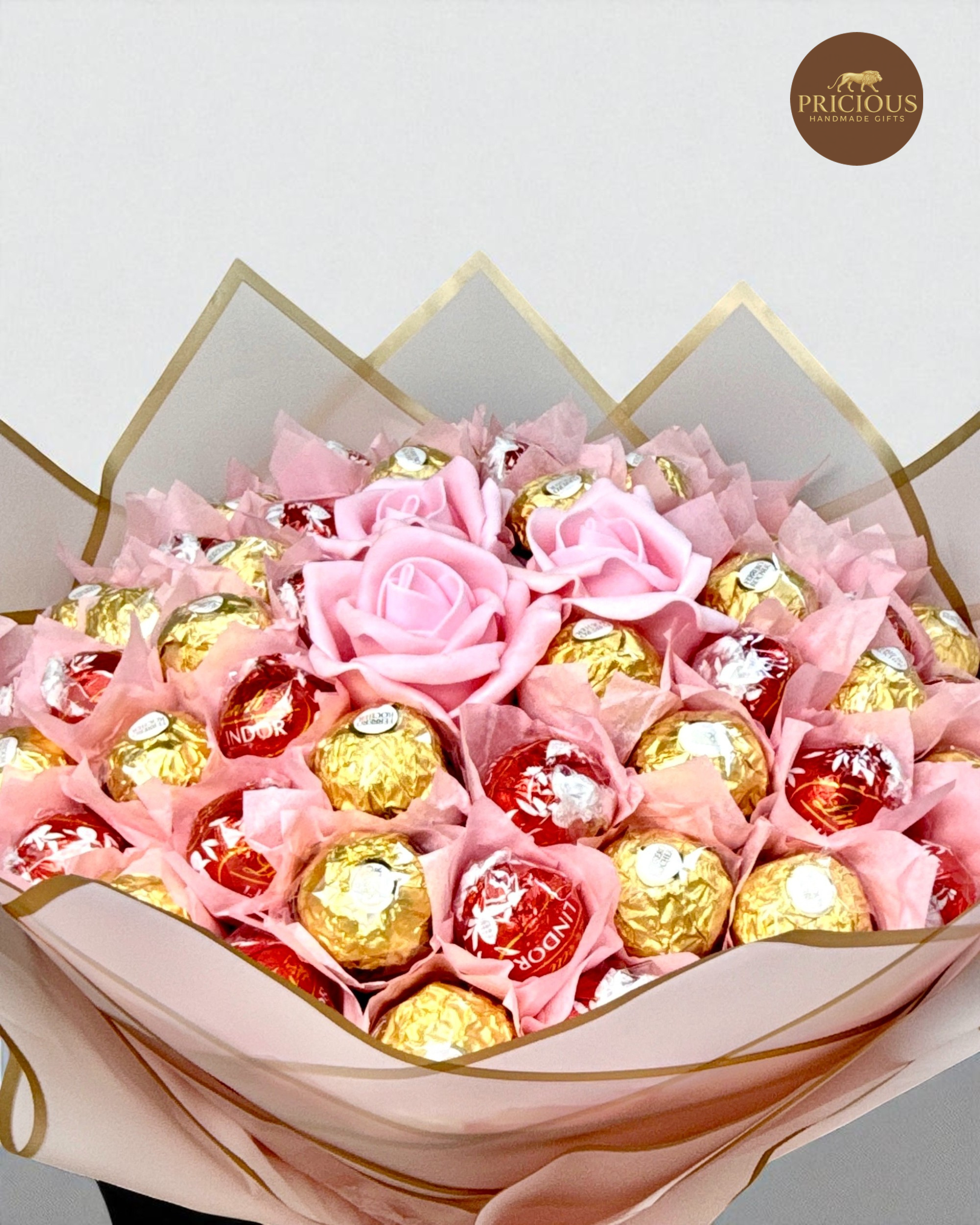 Top view Lindt Lindor and Ferrero Rocher mixed chocolate bouquet