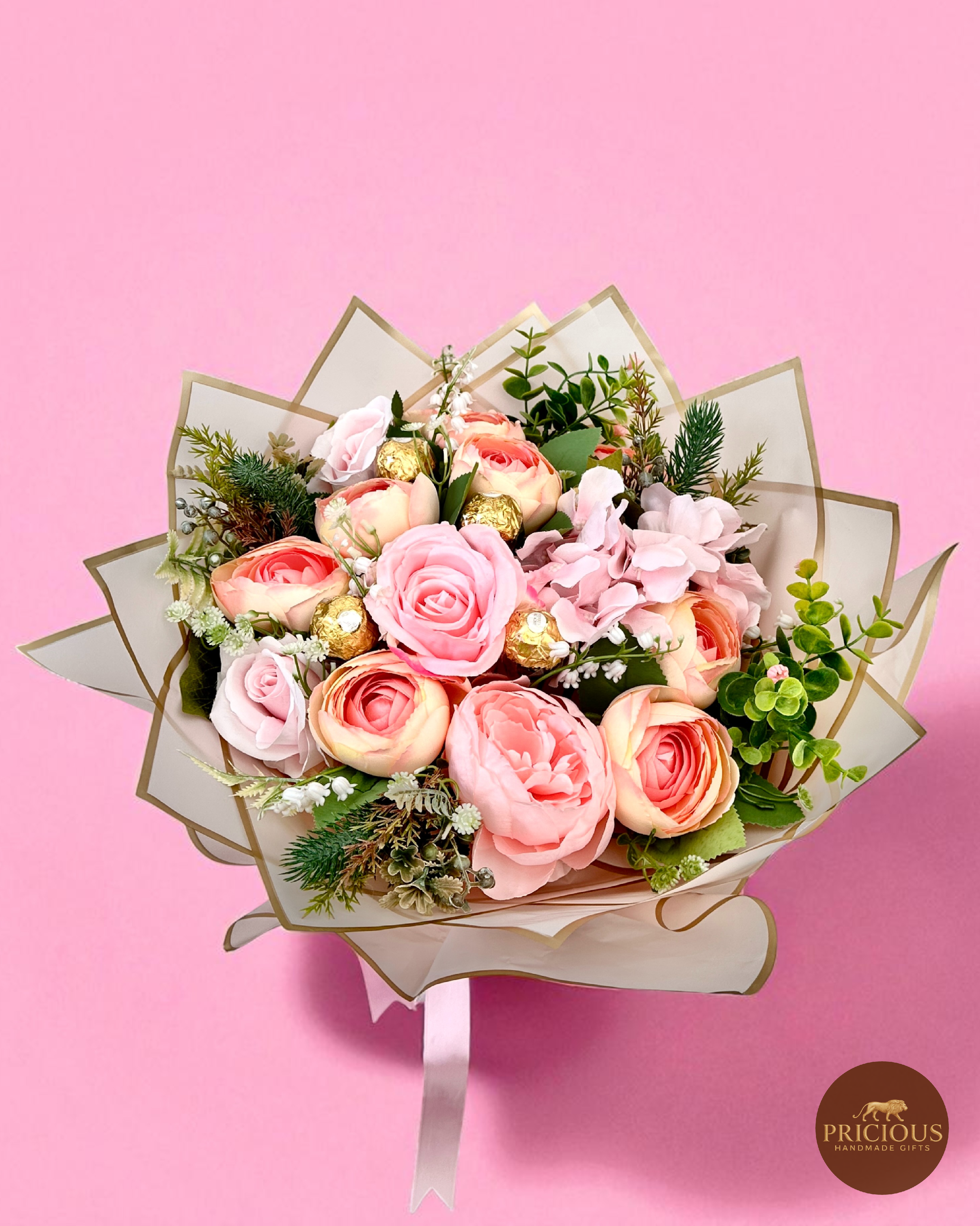 Top view of bouquet with pink satin bow
