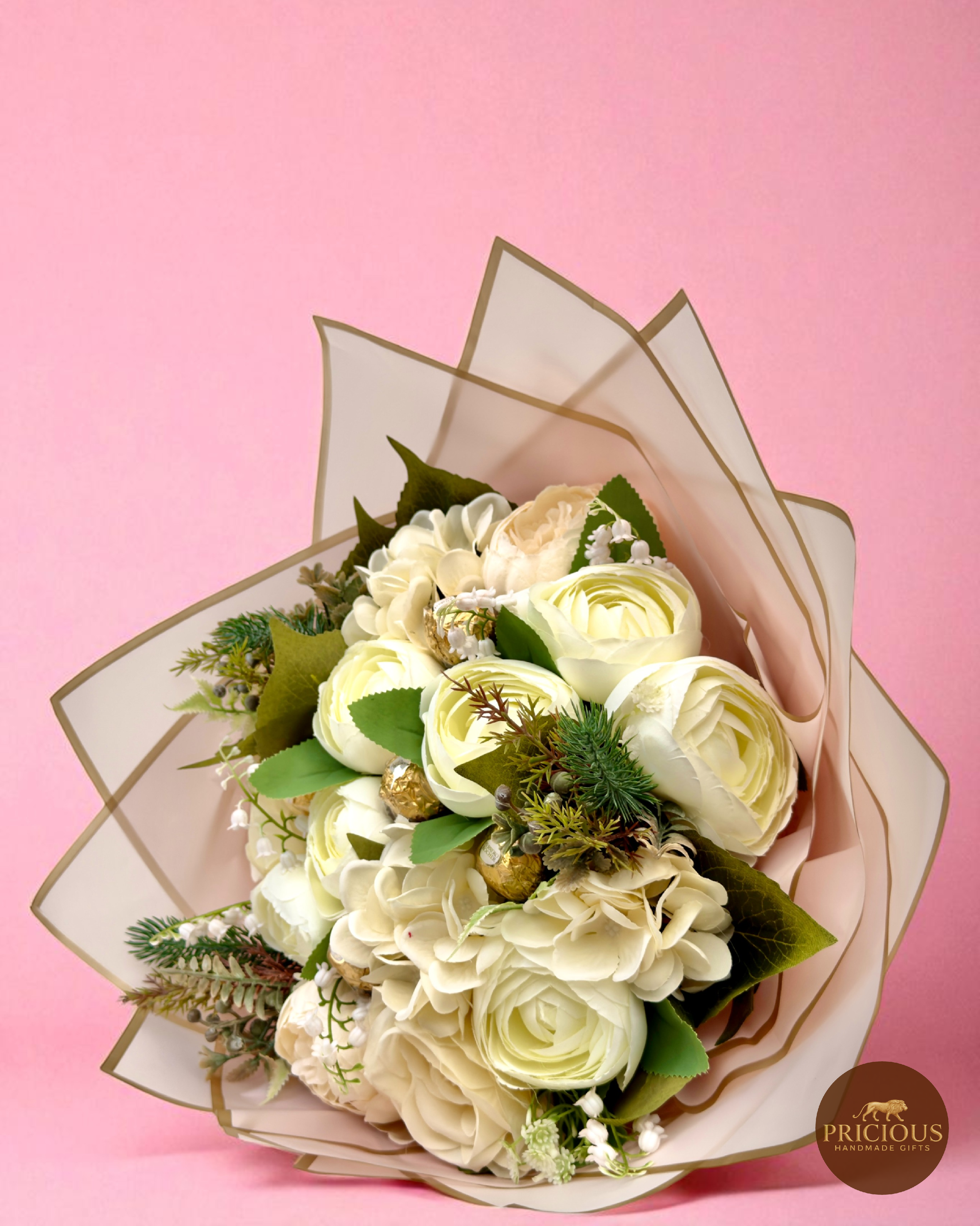 Side view luxury chocolate gift bouquet in champagne wrap