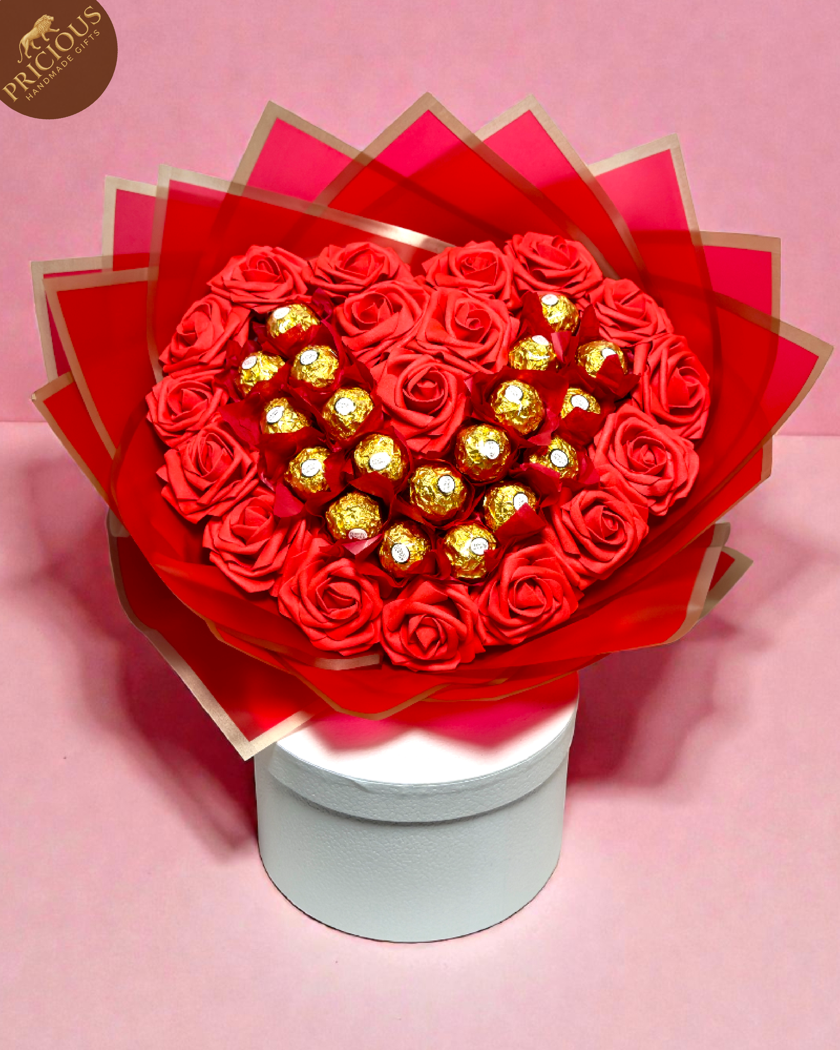 Luxe Ferrero with Heart Red Roses Hand-Tied Chocolate Bouquet Gift – Valentine Edition