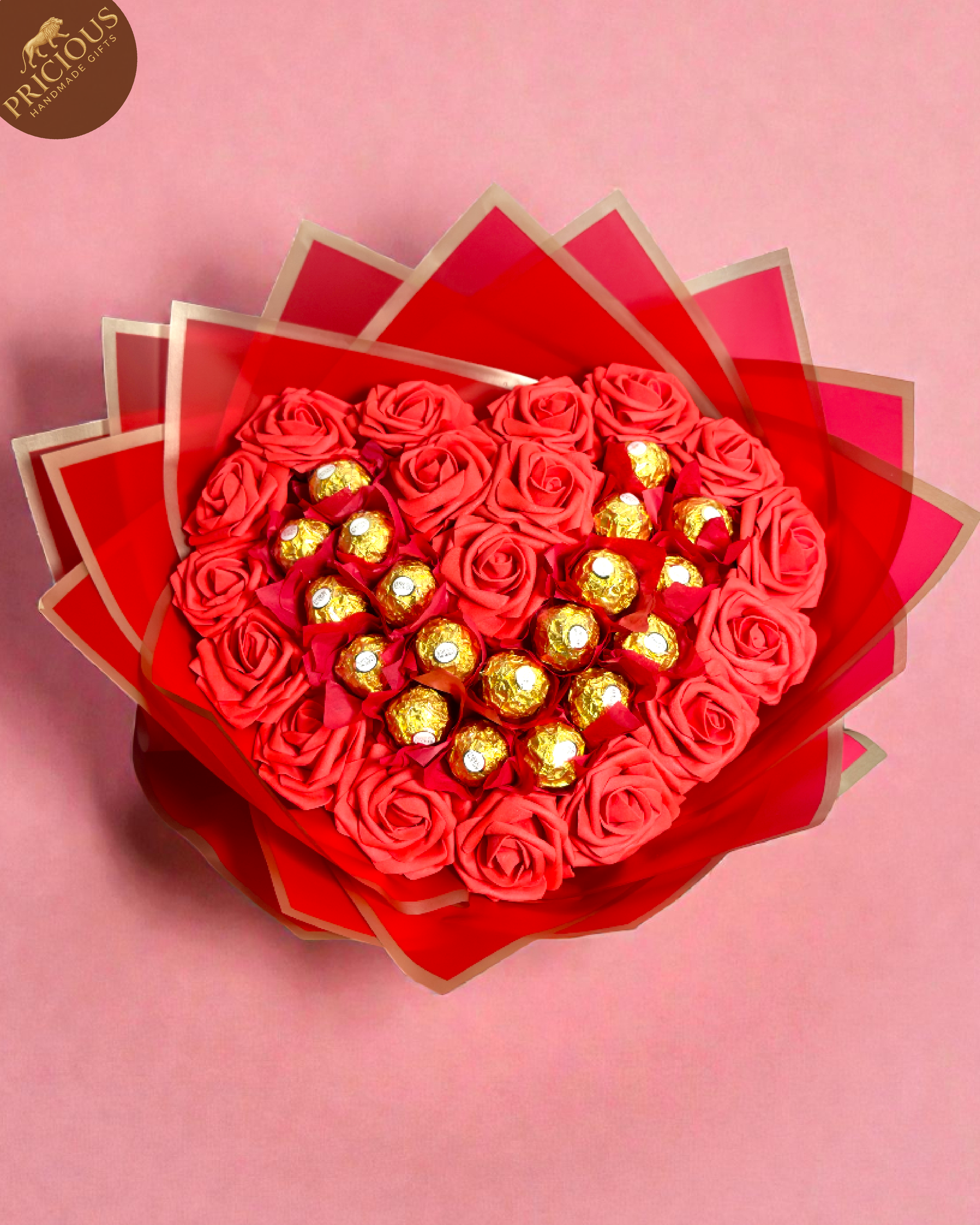Luxe Ferrero with Heart Red Roses Hand-Tied Chocolate Bouquet Gift – Valentine Edition