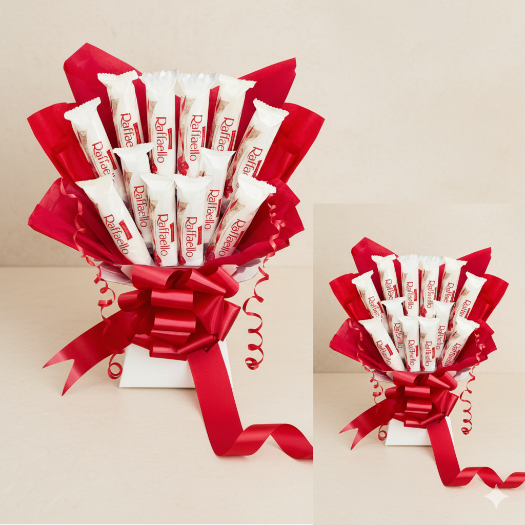 Bouquet of Ferrero Rocher chocolates wrapped in red ribbons on a beige background