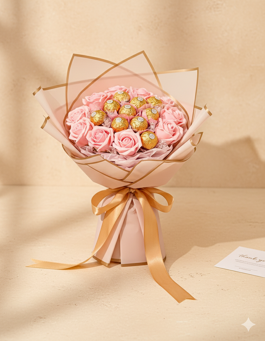 Bouquet of pink roses with chocolate candies wrapped in light pink paper and gold ribbon on a beige background