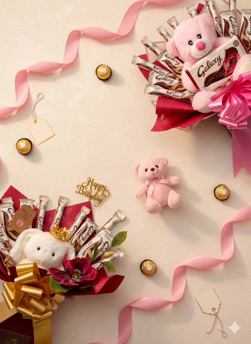Baby girl chocolate bouquet with pink ribbon and teddy