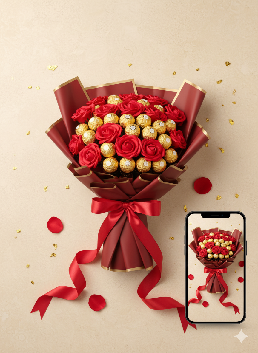 Bouquet of red roses and gold Ferrero Rocher chocolates with a smartphone displaying the same bouquet on a beige background.