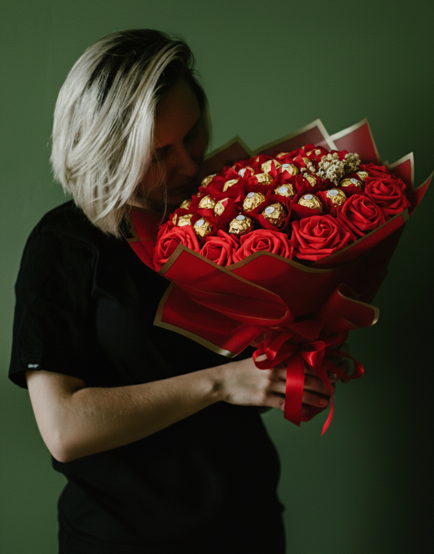 Person holding a bouquet of red roses and chocolate candies against a dark background