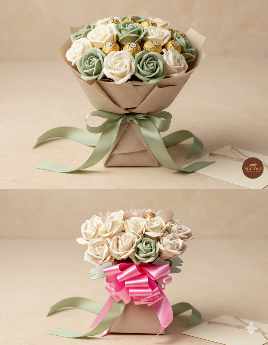 Bouquet of flowers wrapped in brown paper with a green ribbon, and another bouquet in pink paper with a pink bow on a beige background.