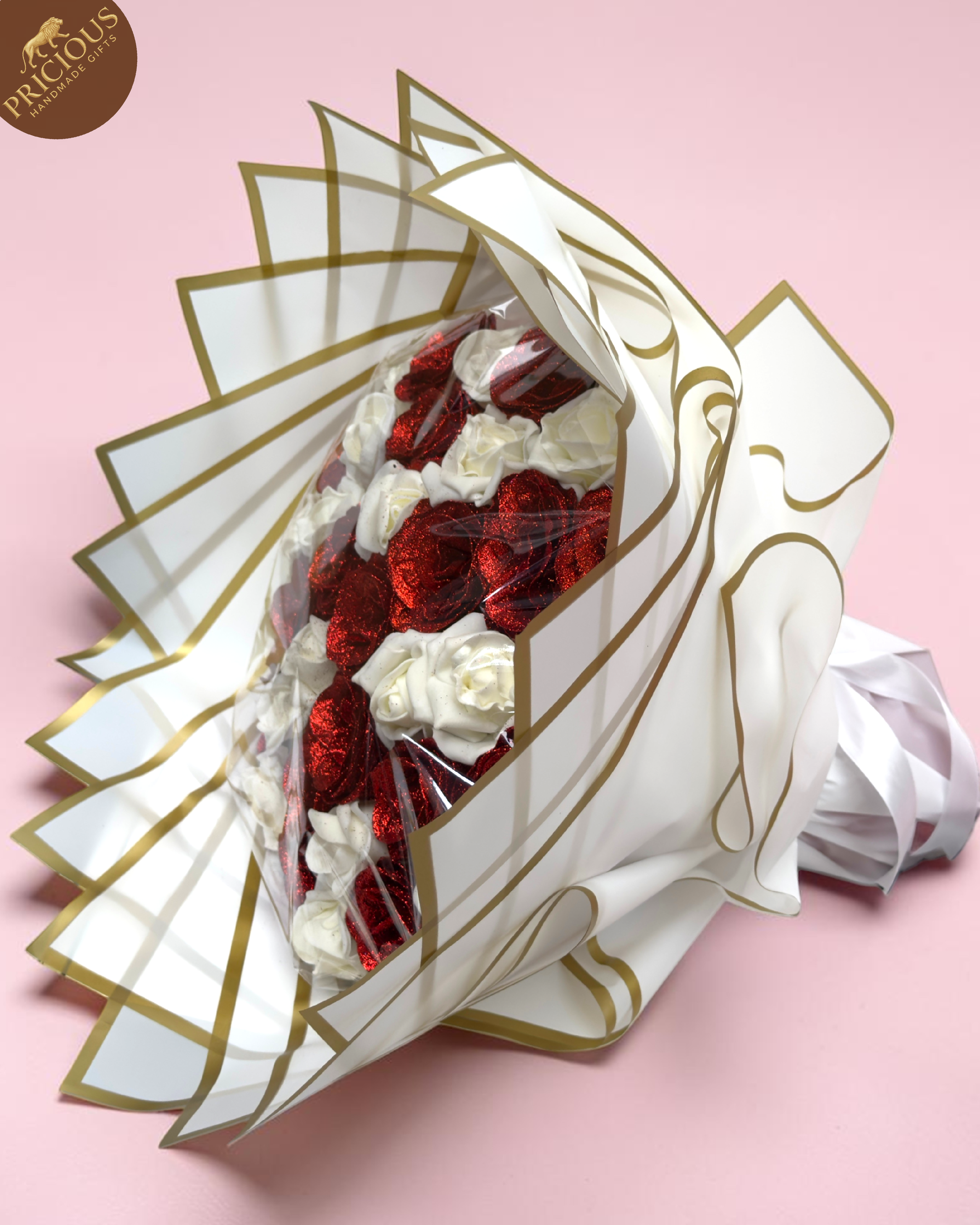 Luxury red glitter and white foam rose bouquet in white and gold wrap