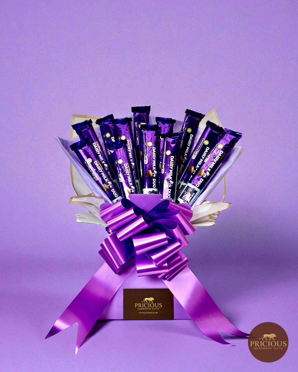 Front view Cadbury Dairy Milk chocolate gift bouquet (royal purple)