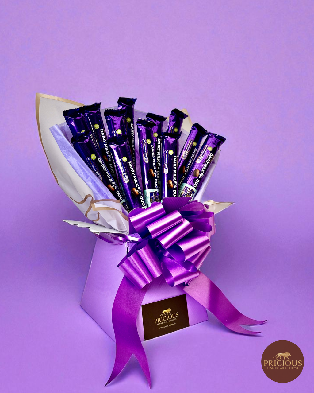 Side view of Cadbury Dairy Milk purple bouquet