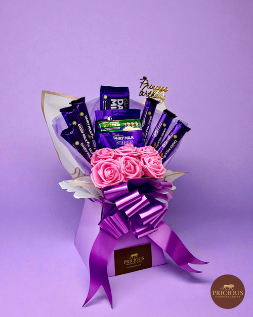 Side view Cadbury chocolate bouquet with lilac bow