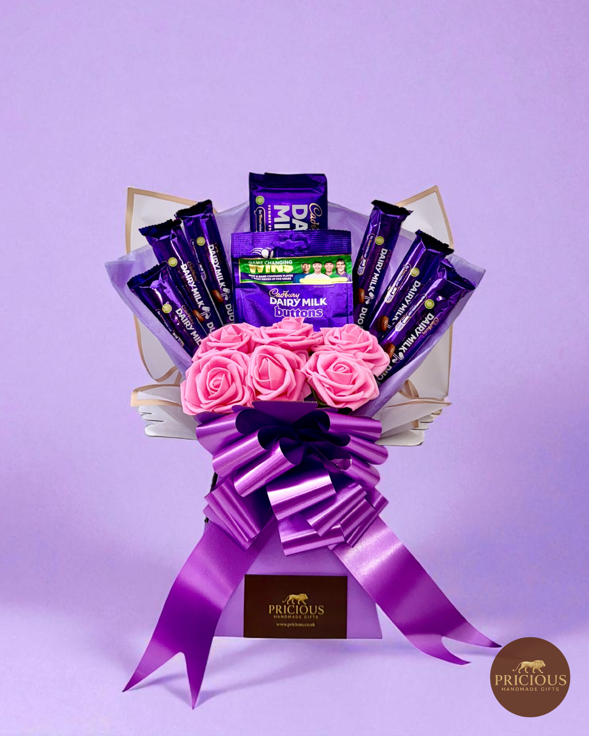 Cadbury Dairy Milk pink rose chocolate gift bouquet with Buttons (purple & pink)