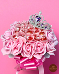 Front view tiara Lindor bouquet with pink roses