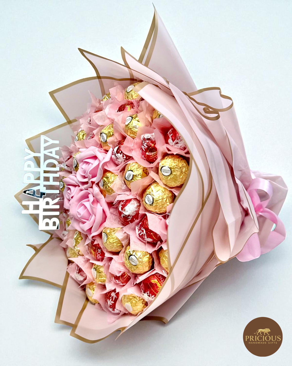 Luxury Lindor & Ferrero birthday chocolate gift bouquet in blush pink & gold