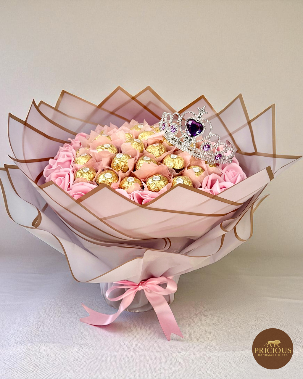 Ferrero Rocher princess tiara chocolate bouquet in purple & gold