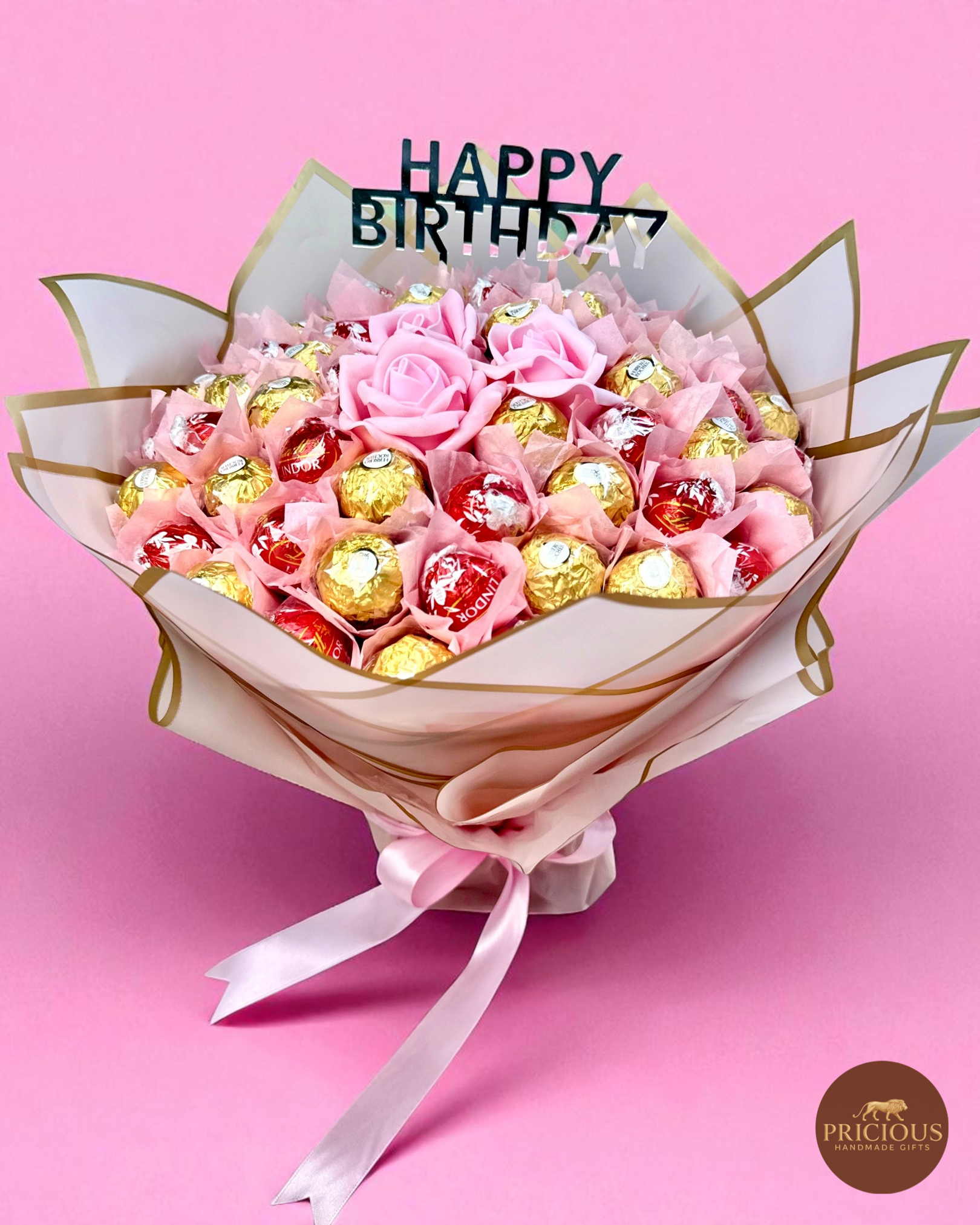 Front view pink rose chocolate bouquet with Happy Birthday topper