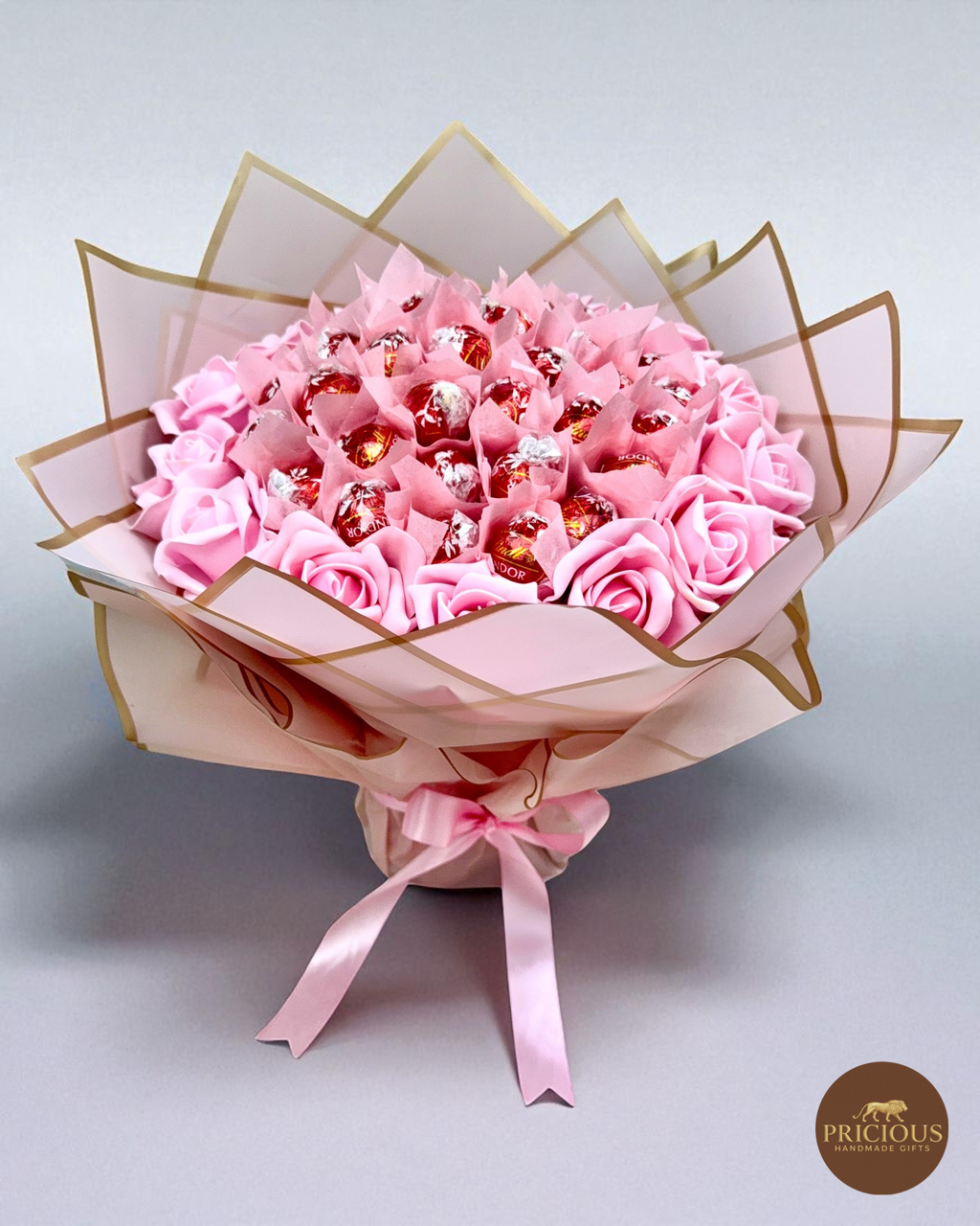 Top view Lindt truffle bouquet with pink roses