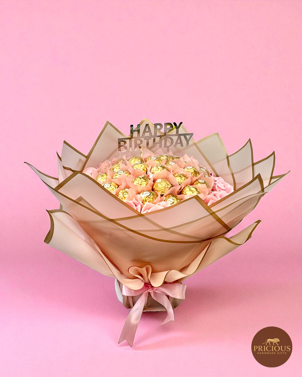 Ferrero Rocher birthday gift bouquet with pink roses and topper