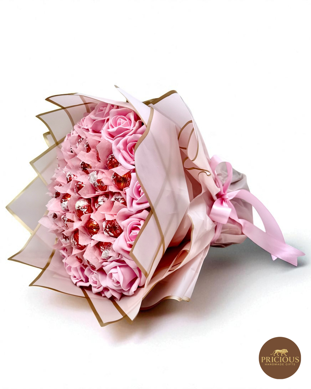 Lindt Lindor pink rose gift chocolate bouquet in blush pink & gold