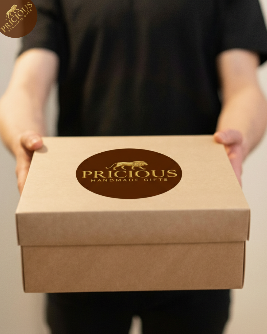 Person holding a brown box with 'Pricious' branding