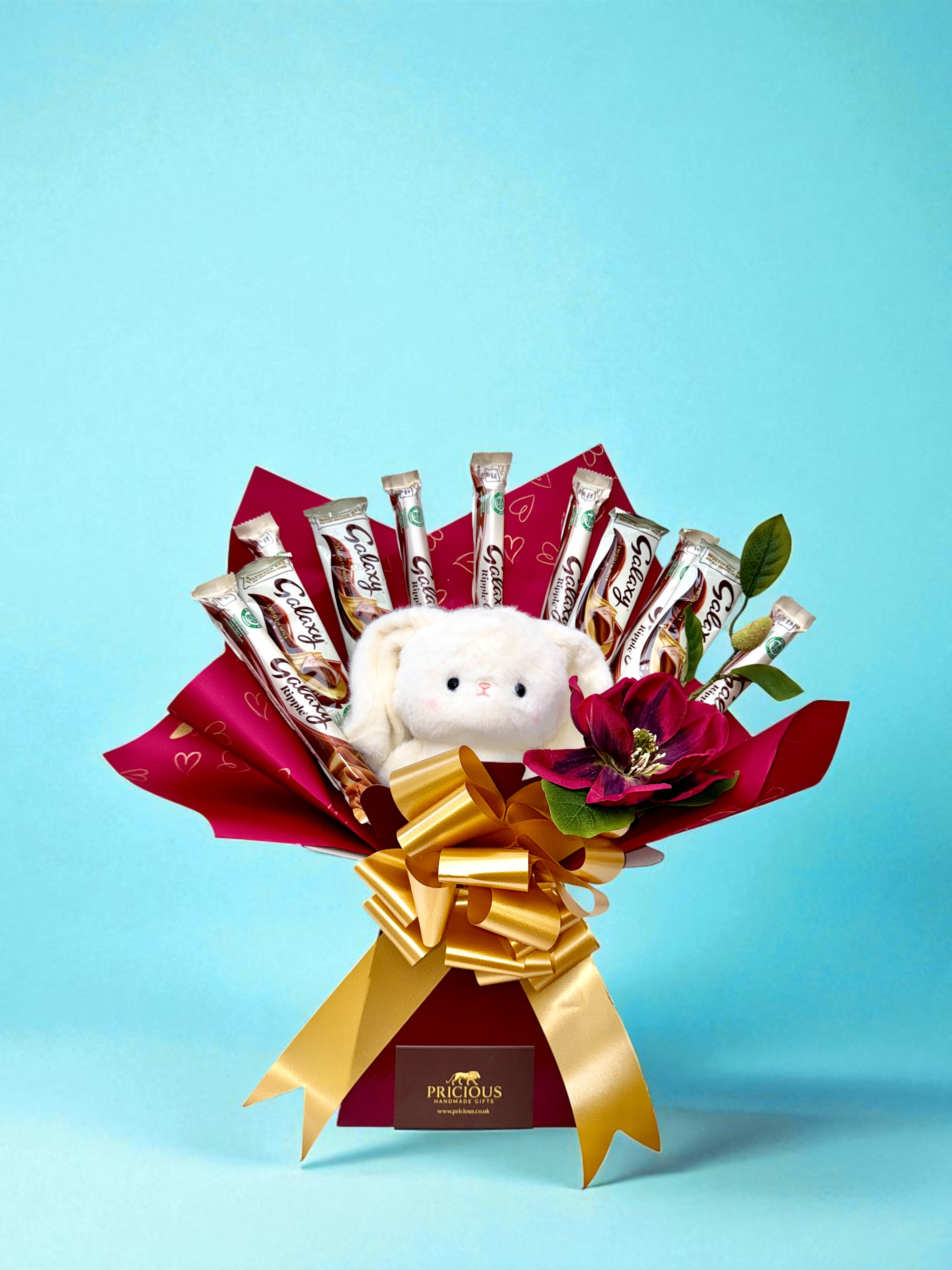 Baby boy chocolate bouquet with gold ribbon and teddy