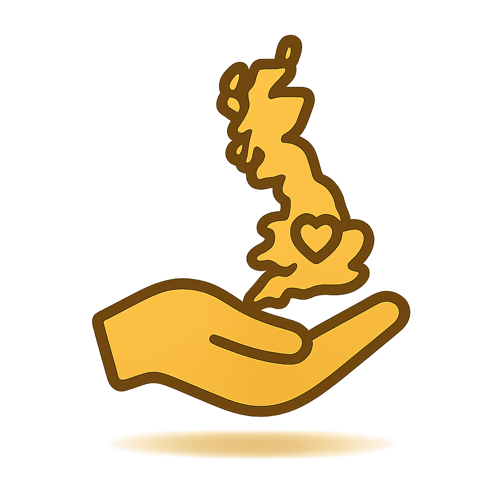 Yellow icon of a hand holding a heart-shaped feather on a white background
