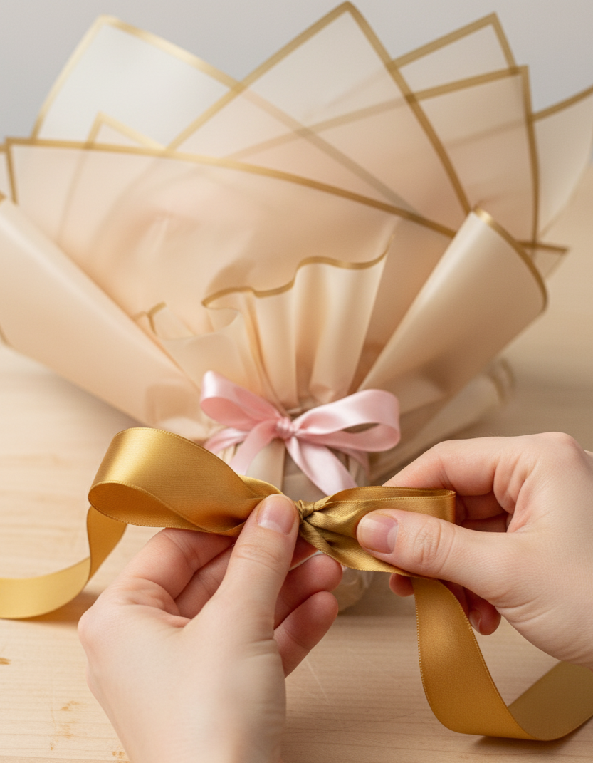 Hands tying a gold ribbon around a gift with a pink bow on a wooden surface.