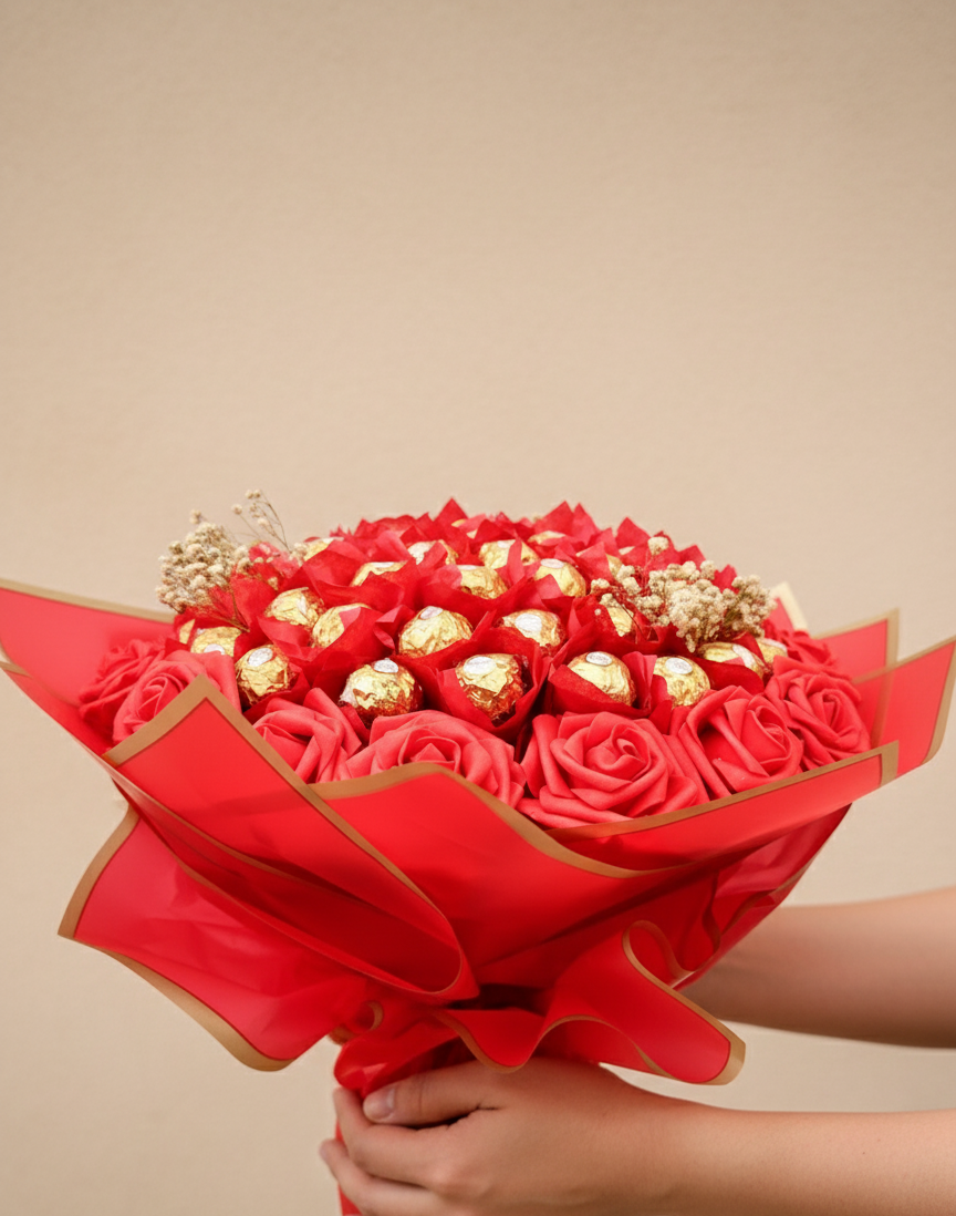 Handcrafting the chocolate bouquet with satin ribbon and gift card