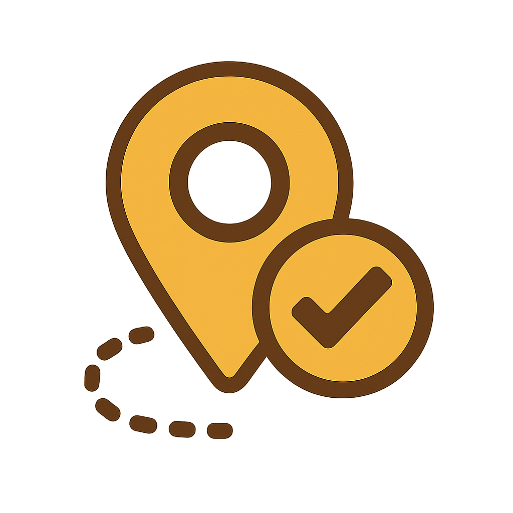 Map pin icon with a check mark on a white background