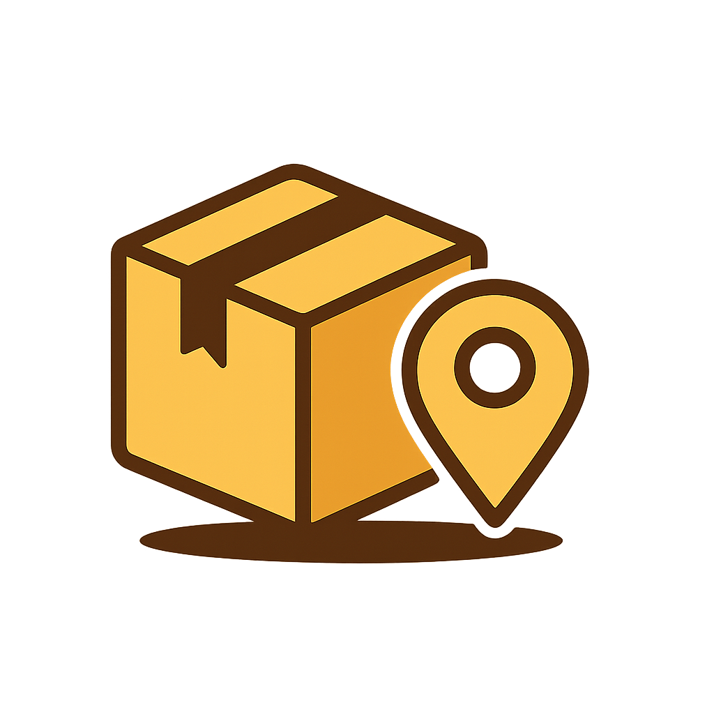 Yellow box with a brown strap and a map pin icon on a white background