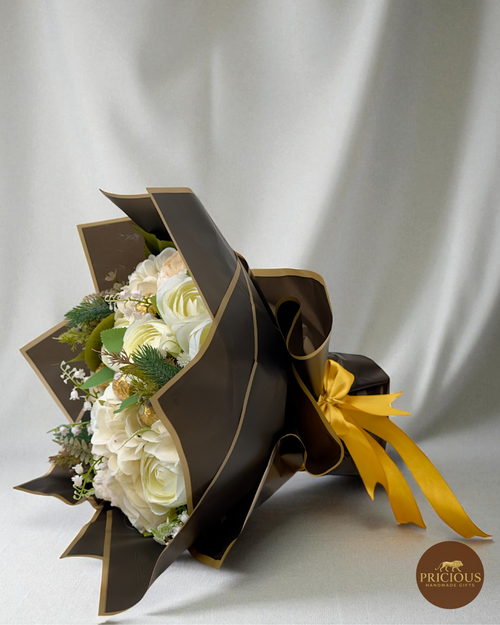 Ivory rose & hydrangea chocolate gift bouquet wrapped in mocha & gold film